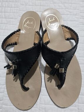Jack Rogers Black Leather Tassel Thong Sandals